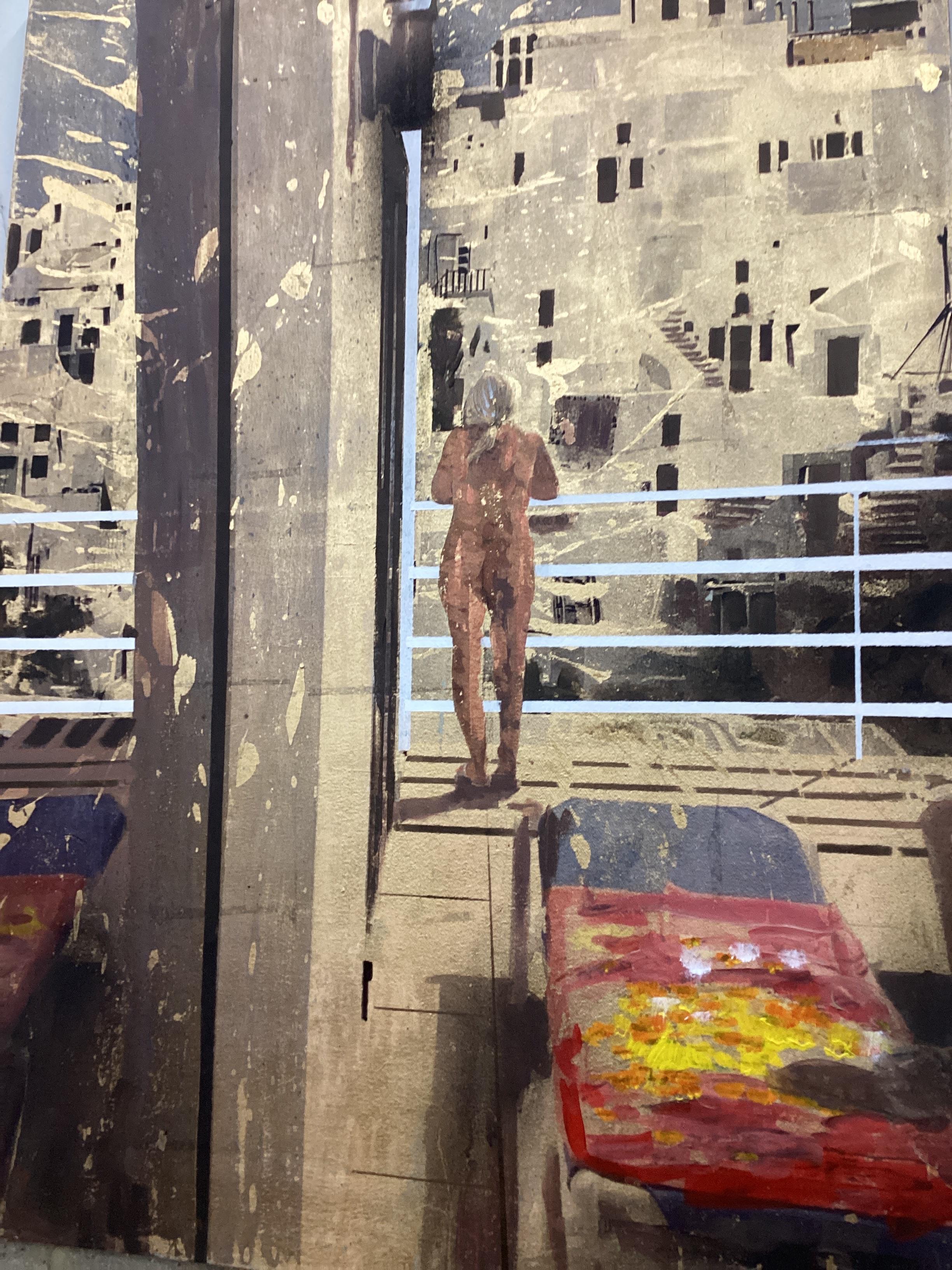 B Wilson (Modern British), three unframed oils on canvas, Brighton promenade and a cityscape, larger 100cm x 80cm.